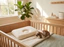 Baby Donut Pillow — inside an oak cot with a bunny beside it