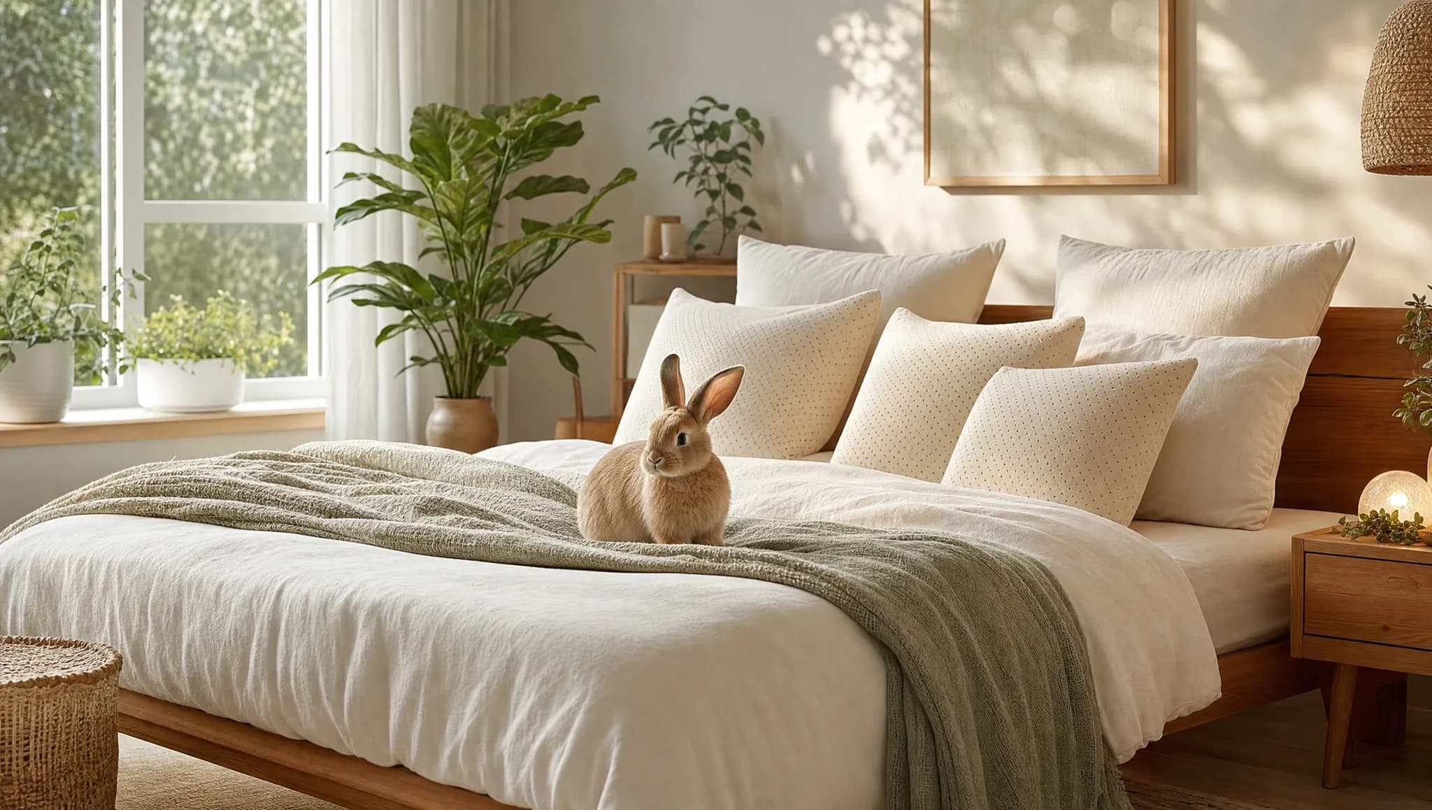 A bunny resting on a freshly made bed with natural latex pillows