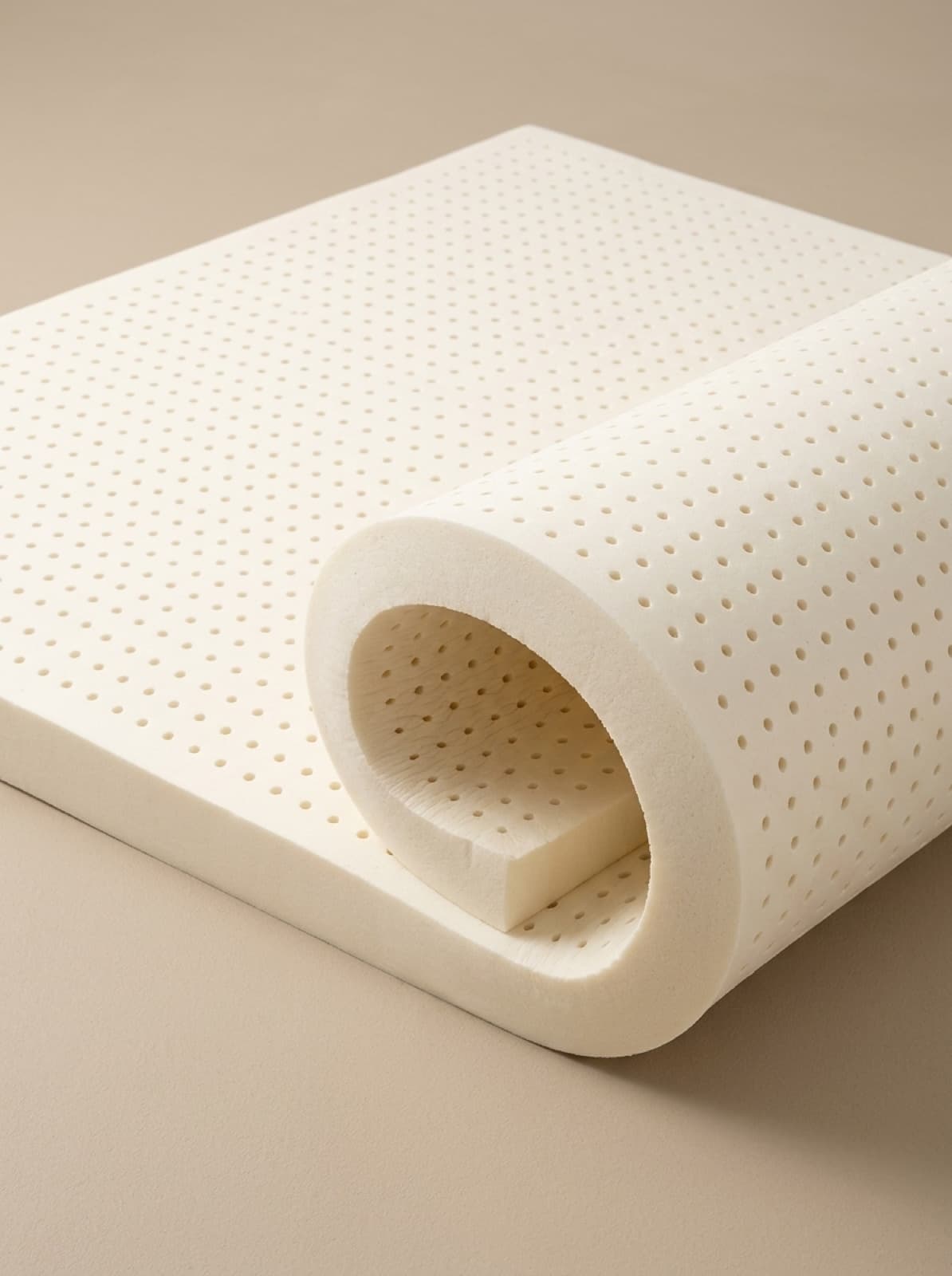 Close-up of the rolled, pinhole-ventilated natural latex topper