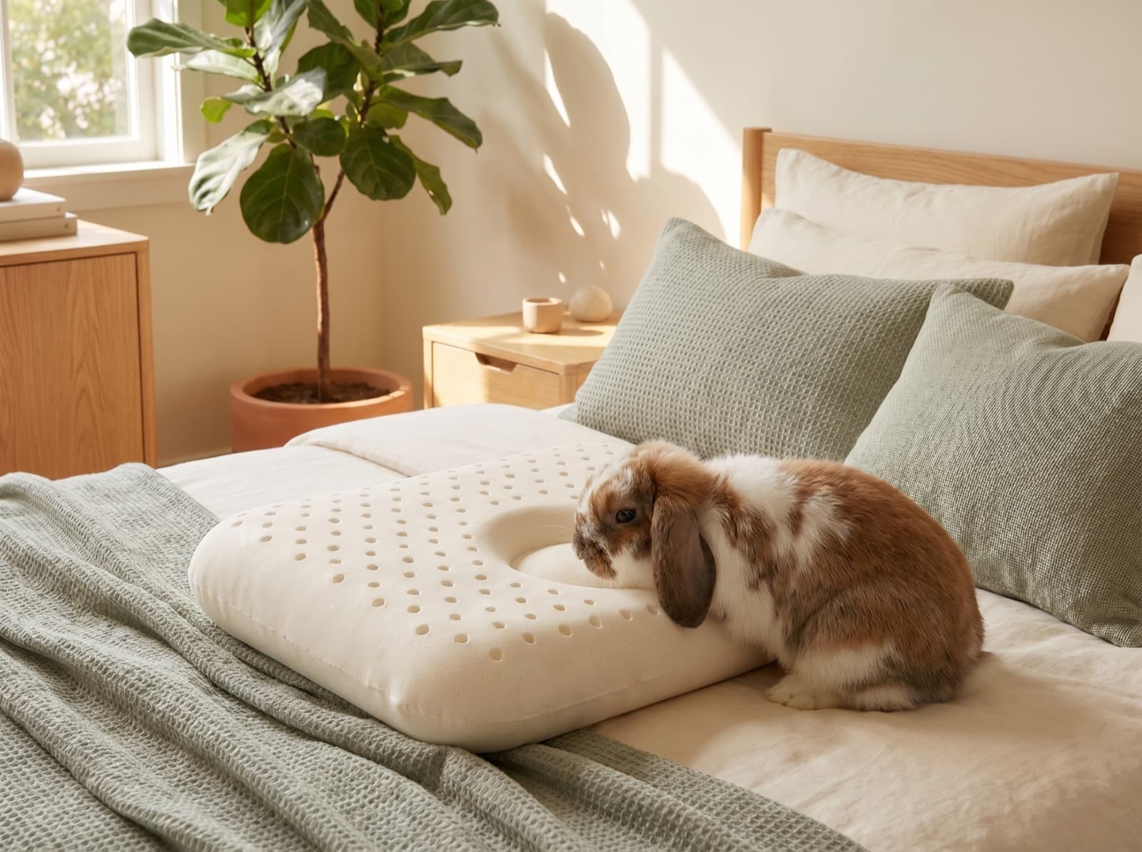 The baby donut pillow on a made bed in a calm sage nursery with a bunny