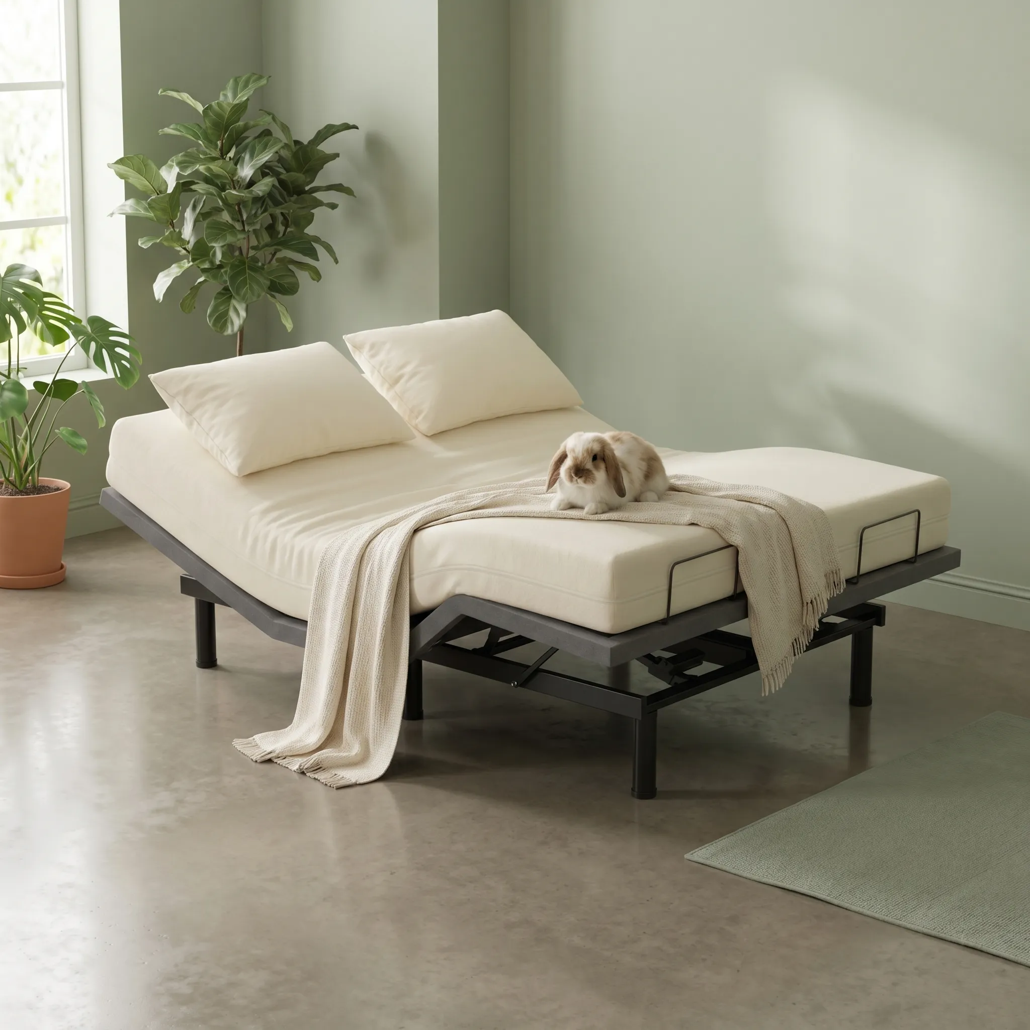 Independently adjustable split-king base styled with a bunny
