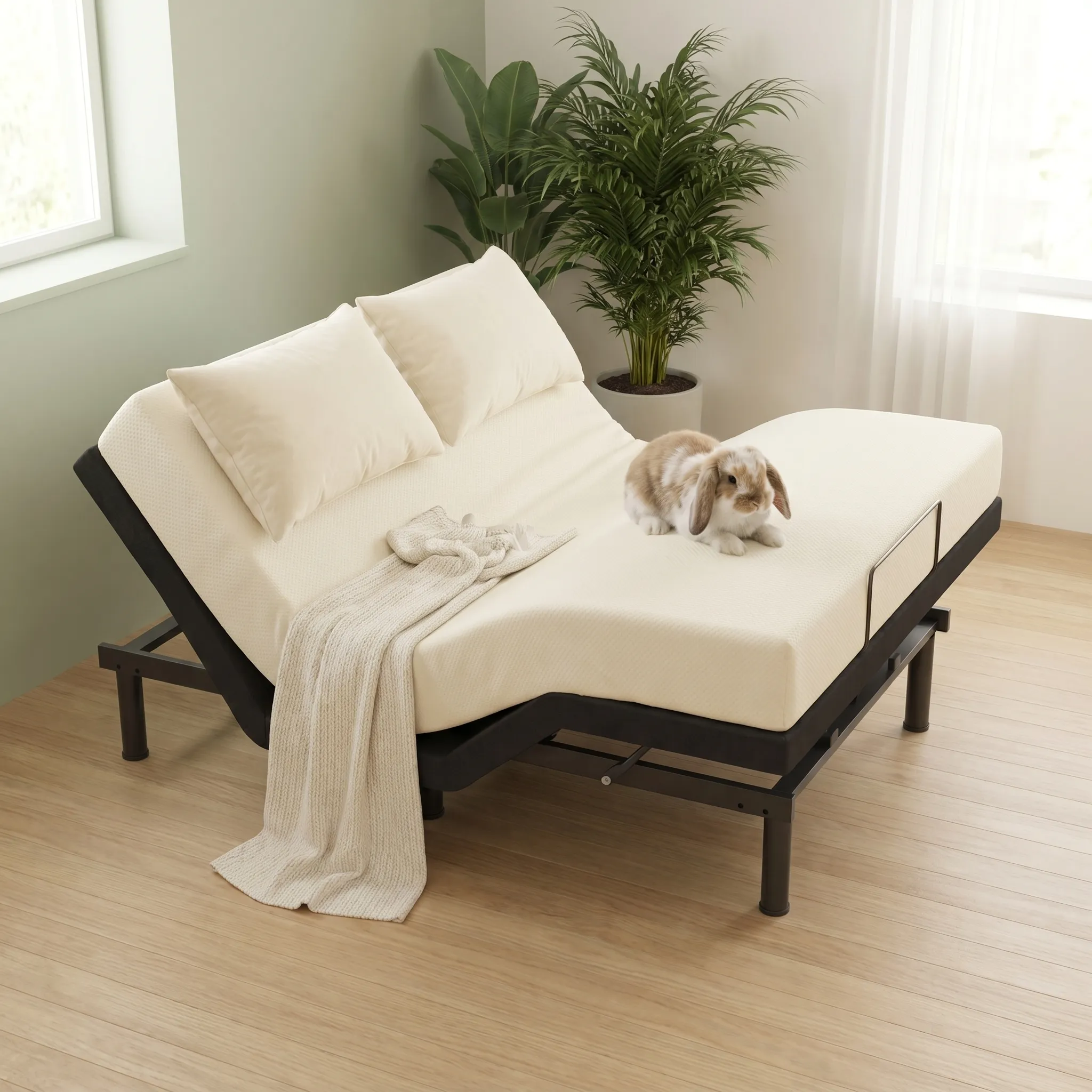 Smart + Massage — adjustable base styled with a latex mattress, pillows and a bunny