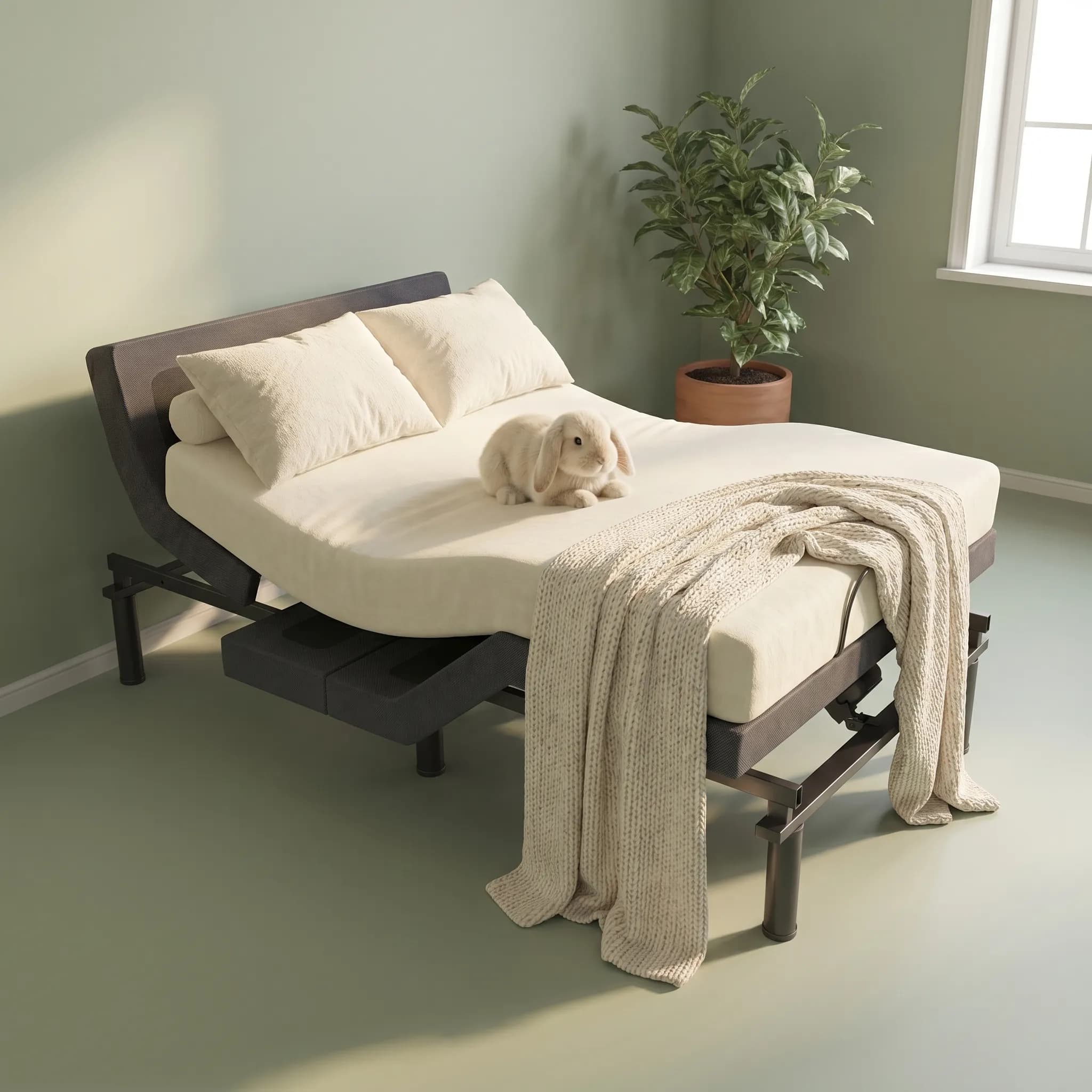Zoned Adjustment — adjustable base styled with a latex mattress, pillows and a bunny
