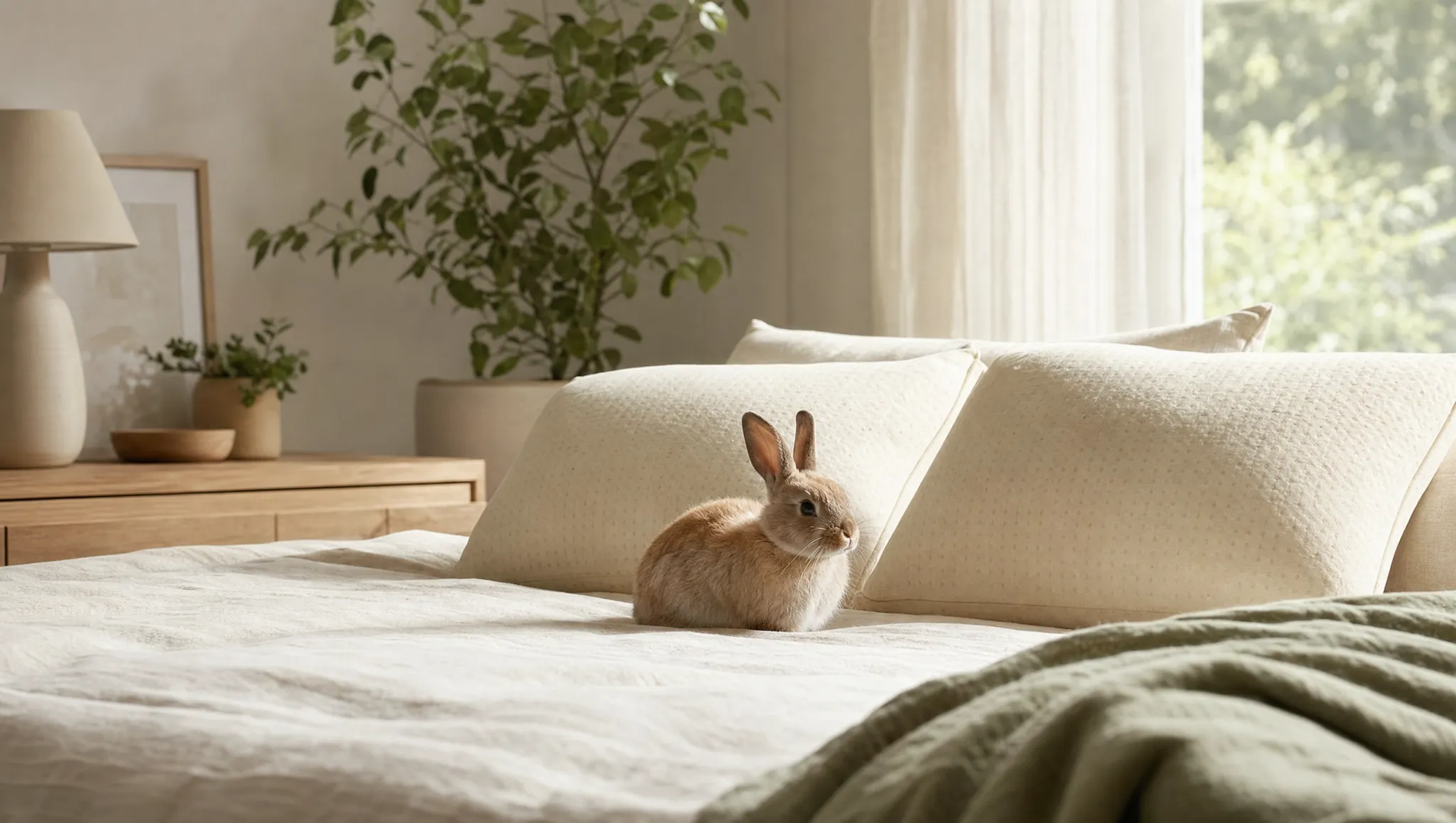 A calm sunlit bedroom with cream natural latex pillows and a little bunny on the bed