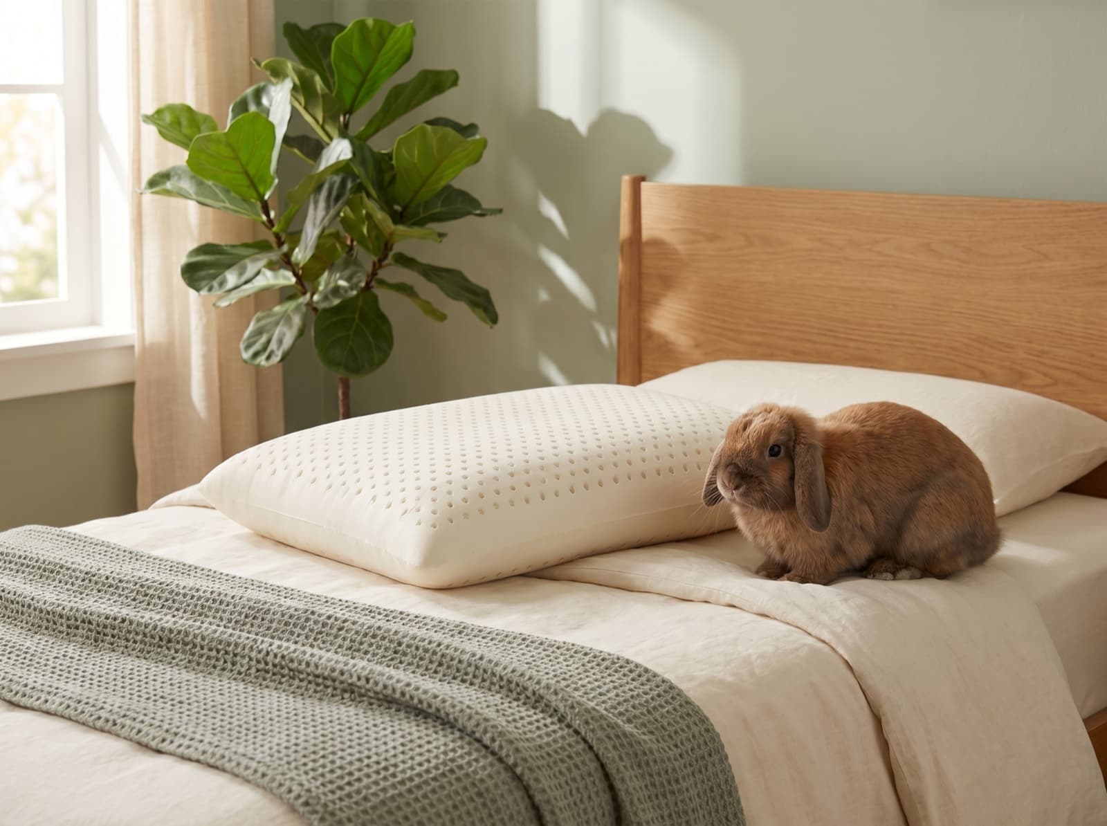 The kids pillow on a single bed in a soft sage bedroom with a bunny