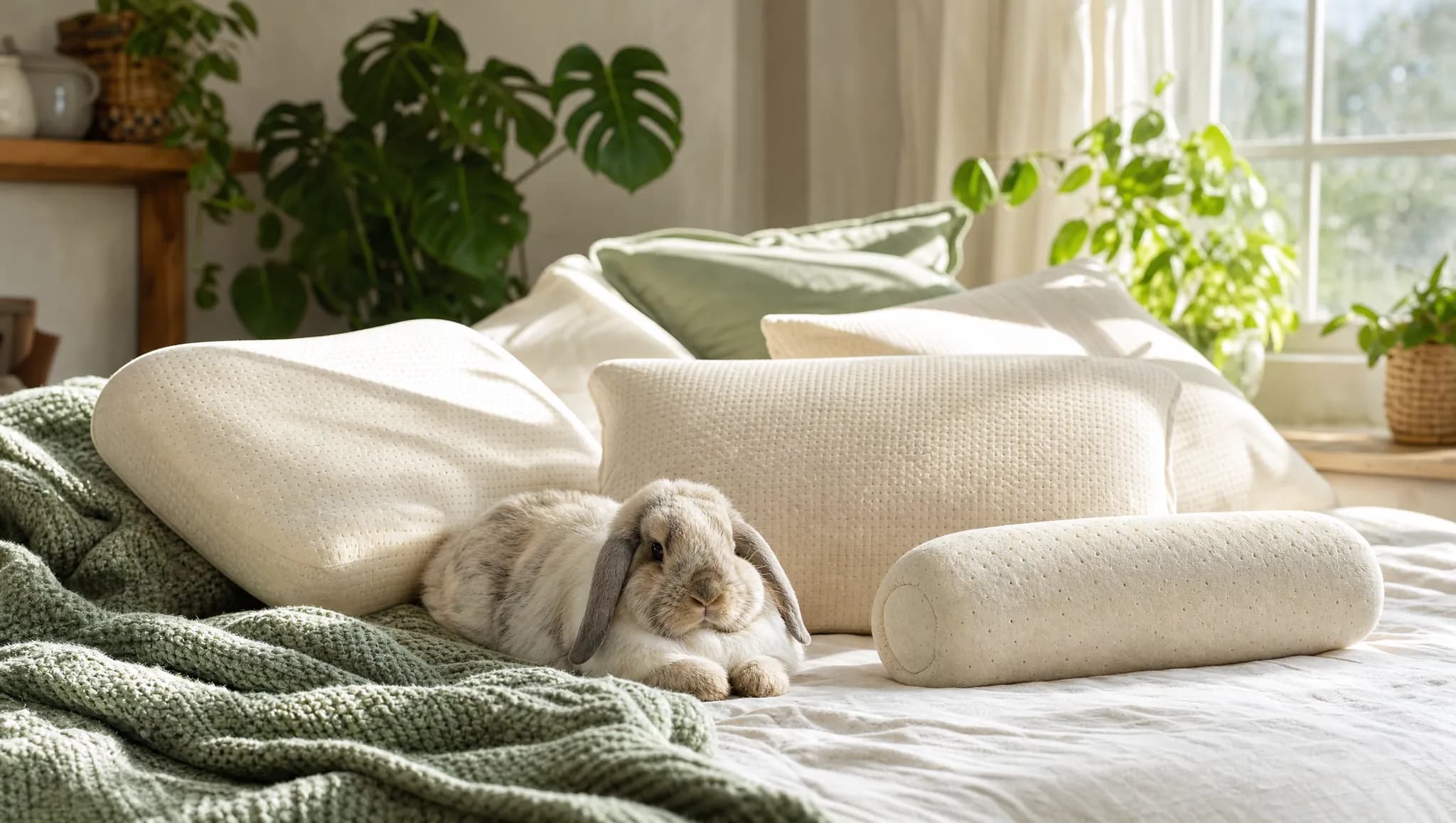The Sleeping Bunny natural latex pillow collection in a bedroom