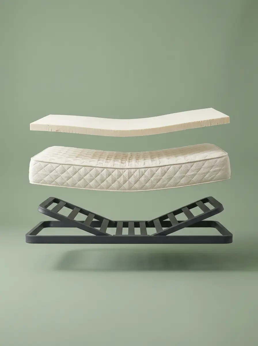 An exploded natural-latex sleep system floating on a sage-green background — a latex topper, a quilted latex mattress and a charcoal adjustable bed base