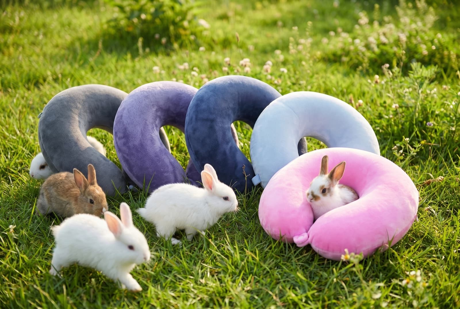 The travel pillow colour range resting on the grass
