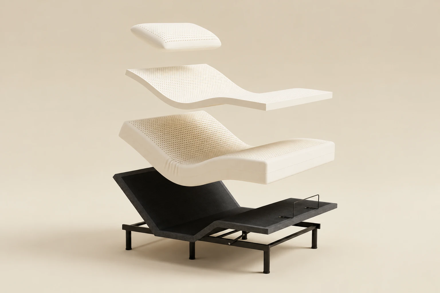 The Sleep System exploded: pillow, topper and mattress above the adjustable base